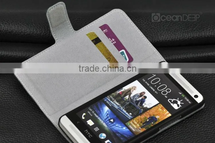 Luxury card holder slot lychee skin leather wallet case for HTC One case