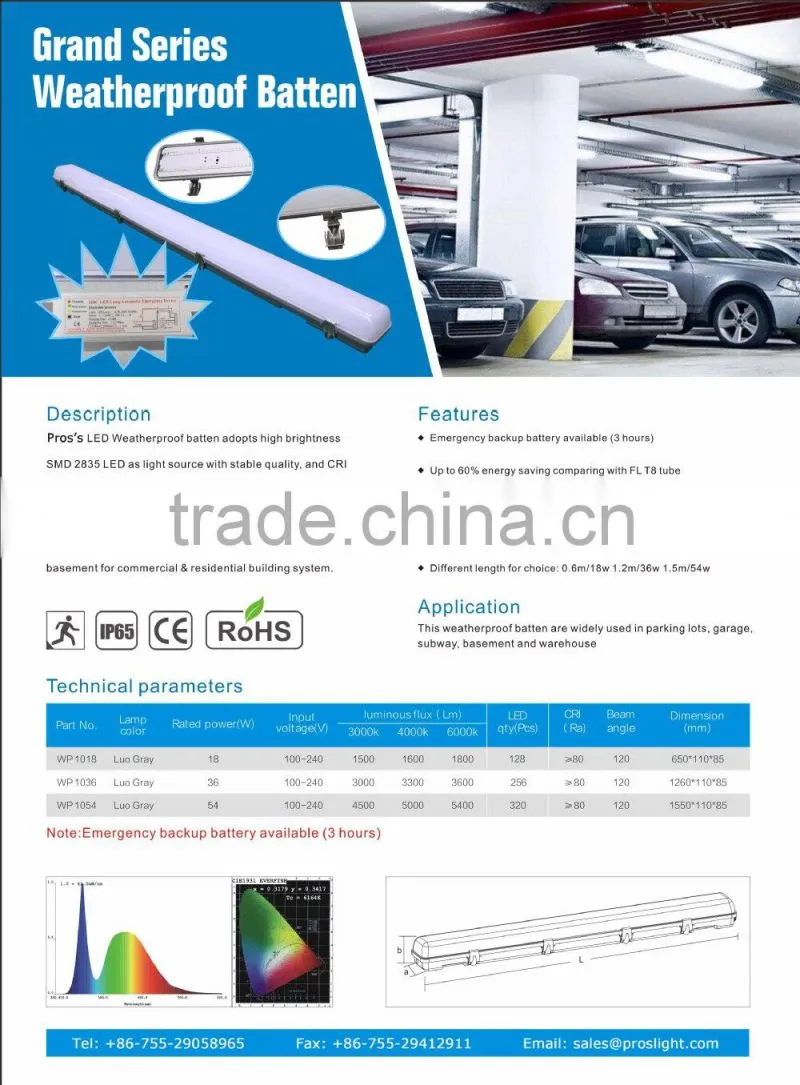 120degree 150cm 54w led tri proof light, ip65 tri-proof led light