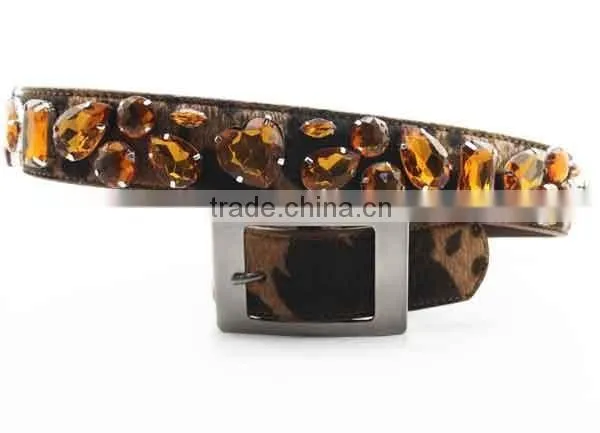 Western Brown Irregular Big Drop Stones Inlay Leopard Fur Belts
