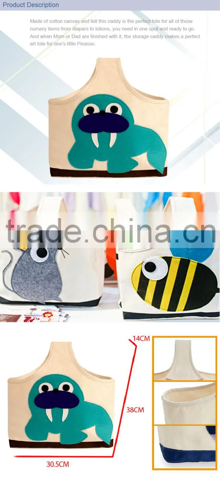 Sturdy Shopping Tote Cotton Polyester Canvas Storage Caddy with animal embroidery