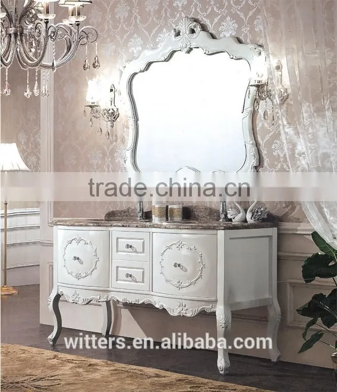 European Style White Bathroom Vanity Set,Elegant Solid Wood Carved Bathroom Cabinet with double sinks WTS310