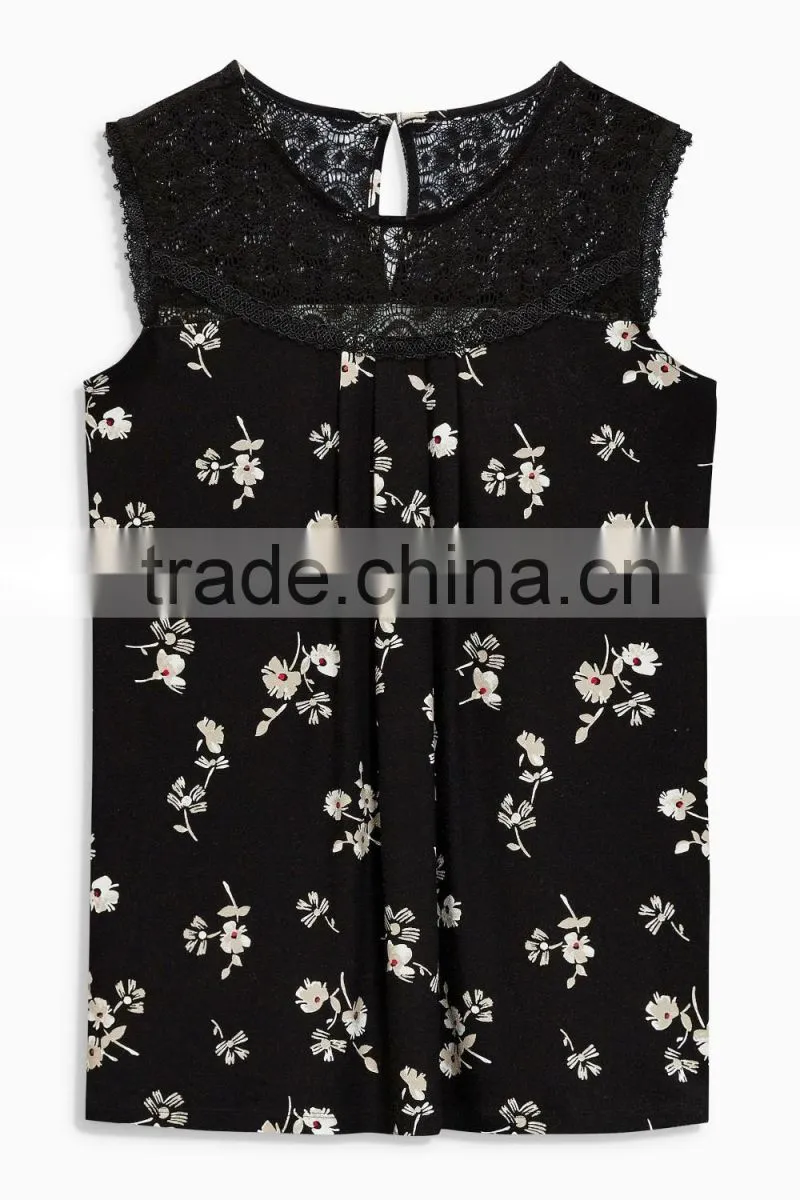 2016 Fashion Jersey Sleeveless Top With Beautiful Lace Yoke HST8033