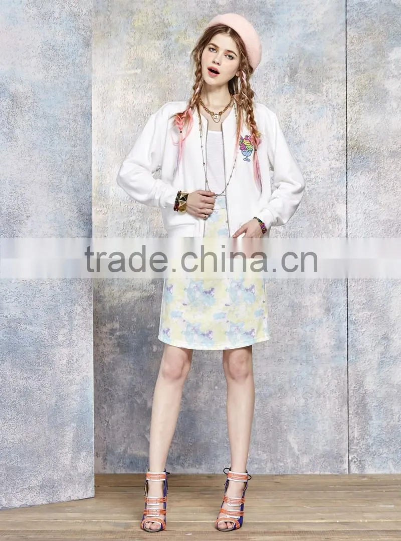 slim fit fancy printed custom white bomber baseball jacket for women
