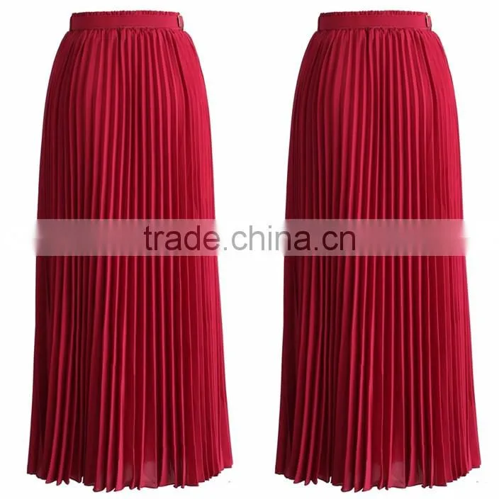 New arrival belted pleated skirt women fashion chiffon maxi skirt 2016