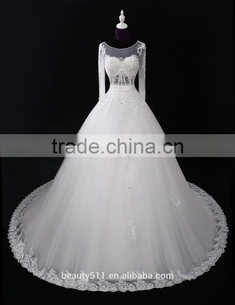 Latest Designs Elegant A-line Beaded Scoop Long Sleeve Floor-length Empire Lace Princess wedding gowns F12801