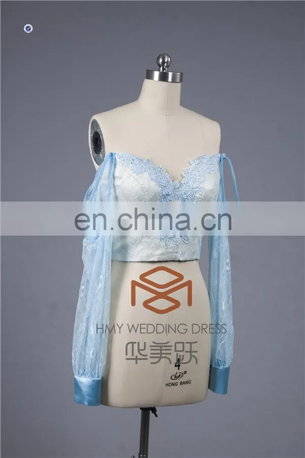 Elegant SHMY-C011 light Blue Long Sleeve Soft Lace Sweetheart Neckline Bolero