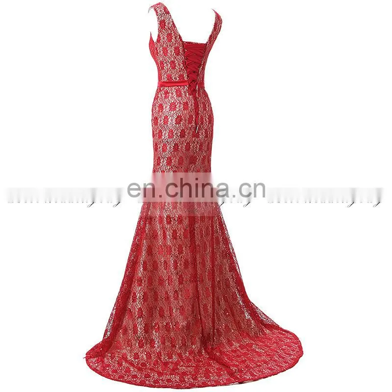 Real Pictures V Neck Lace-Up Sleeveless Mermaid Lace Evening Dresses SD344