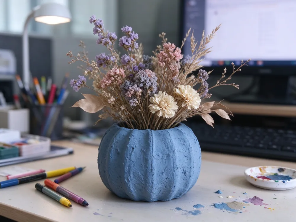 paintable-pulp-planter-blue-pumpkin-dried-flower-desk
