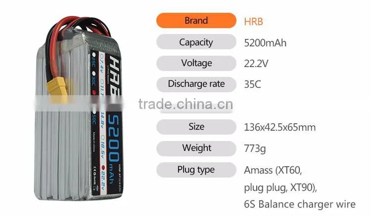 HRB 6S 22.2V 30C 5200mah lithium polymer lipo battery for RC Hobby Drone Car Boat