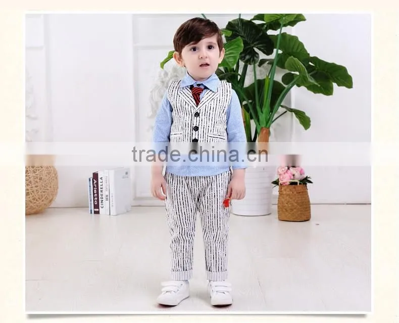 2016 Wholesale New arrival British gray Striped vest three-piece baby boy set plaid shirt with tie baby boy clothes suit