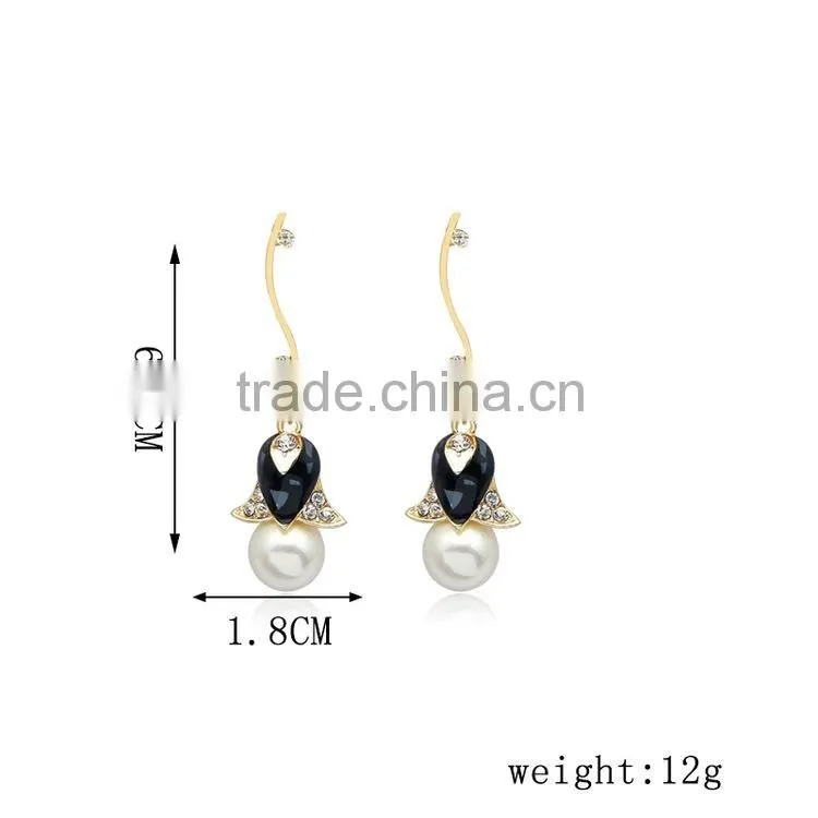 Bridal Wedding Golden Crystal Pearl Flower Drop Dangle Earrings