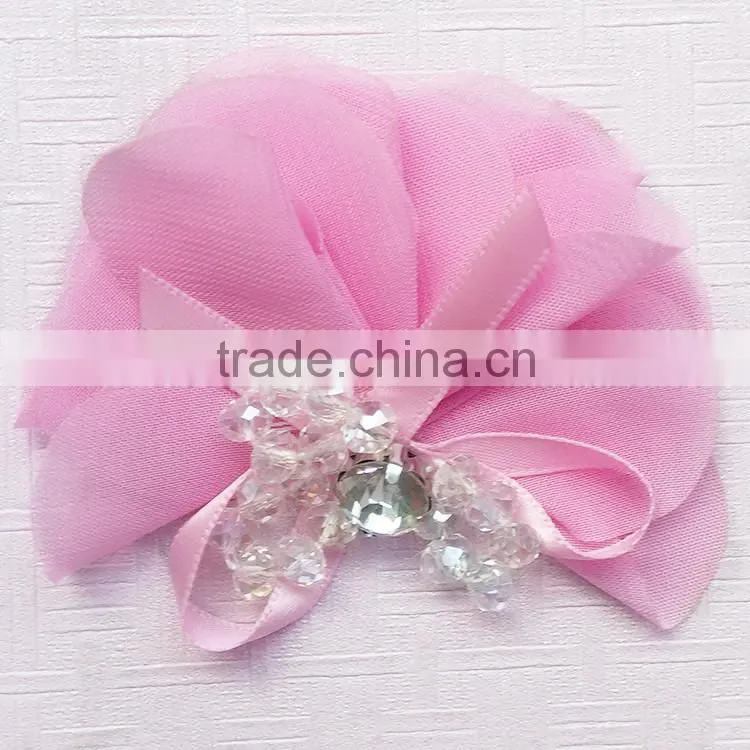 Wholesale handmade 3" chiffon fabric rhinestones with pearls bow,chiffon pealrs flower brooches hair bow