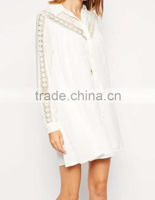 Women Long-sleeve Long Casual Shirt Blouse Dress Tops White Loose Cstom T-shirt With Lace 2015