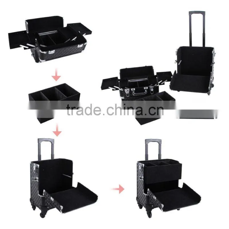 Aluminum Rolling Makeup Case 2 in 1 Cosmetic Artist Train Case Beauty Salon Organizer 4 Wheels Lift Handle