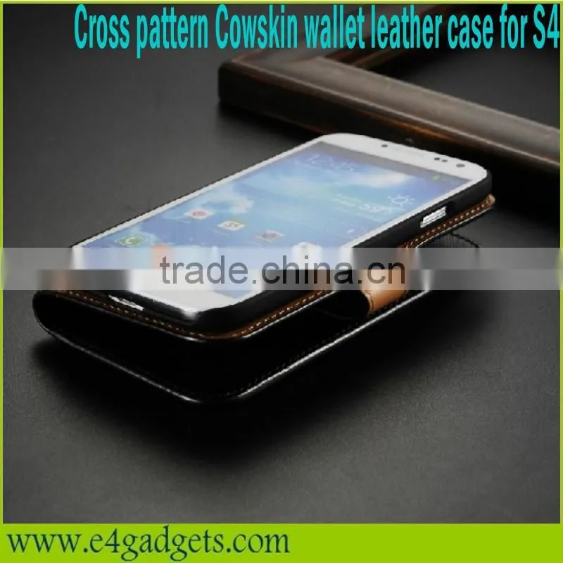 Luxury Cross pattern Genuine leather Flip wallet case for samsung s4 leather case