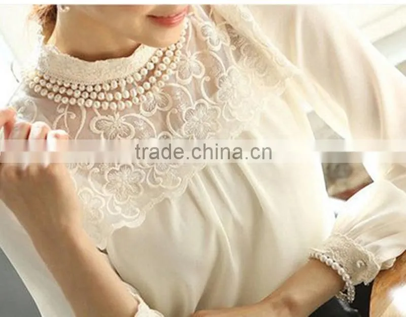 New Women Long Sleeve render unlined upper garment Sheer Lace Floral Chiffon Blouse White pearl collar tops