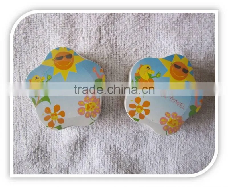 100% cotton velour printing compressed beach towel flower shape compressed towel on beach