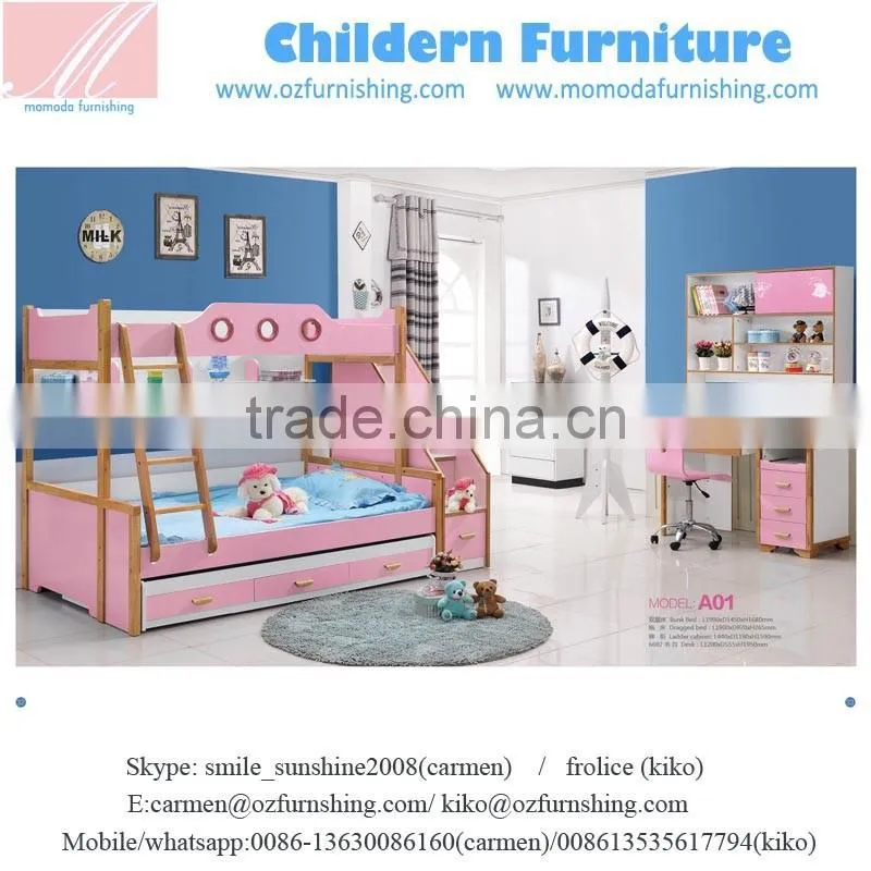 SJ802 white color fashion MDF bunk bed withStep ladder for kids