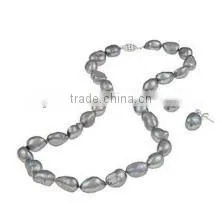 wholesale 17" 13-14mm grey baroque fresh water pearl necklace and earrings