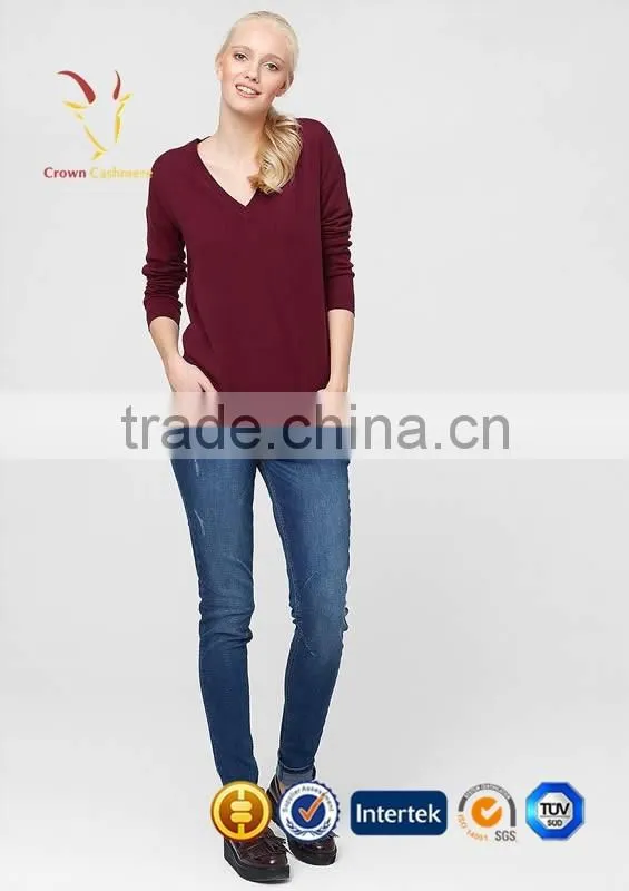 Women Red V Neck Cashmere Sweater Tops