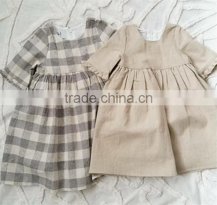 Grey/Cream Check Linen Dress Light Weight Linen Blend Summer Kids Party Dresses