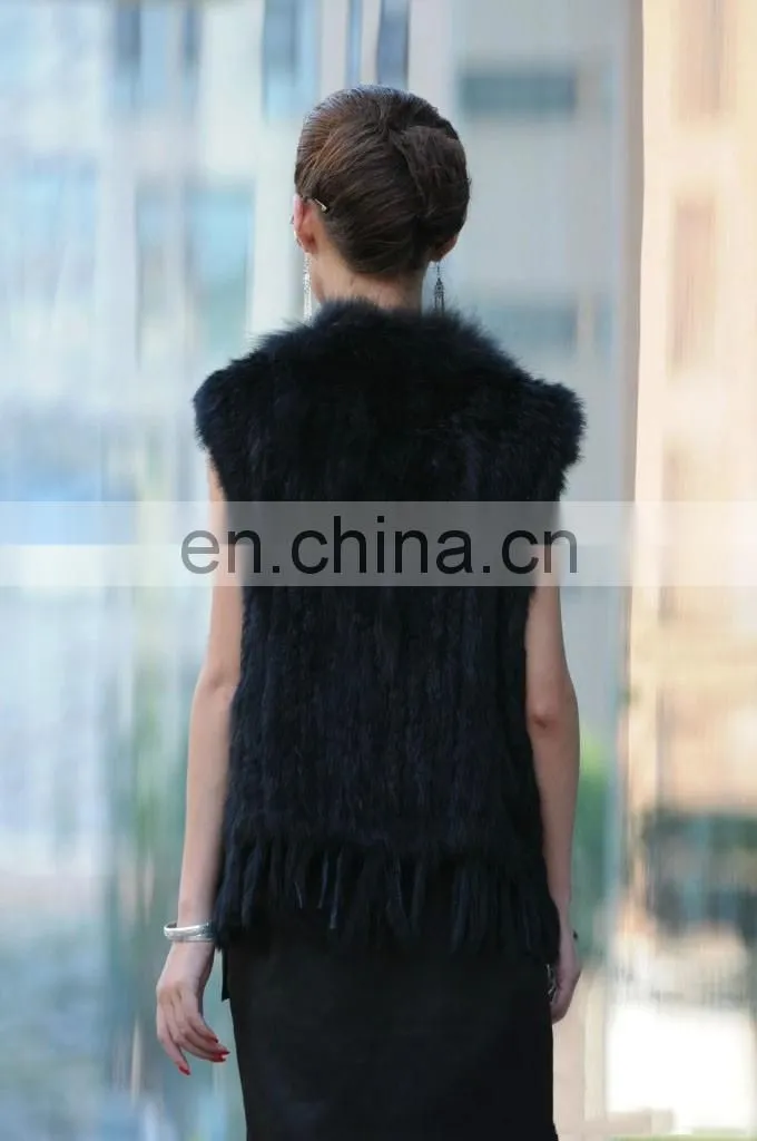 European style knitted rabbit fur vest with raccoon fur trimming for women