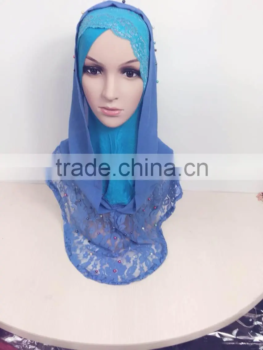 A390 Newest 2015 lace chiffon pearl islamic scarf hijab MUSLIM 2 PIECEs LONG HIJAB