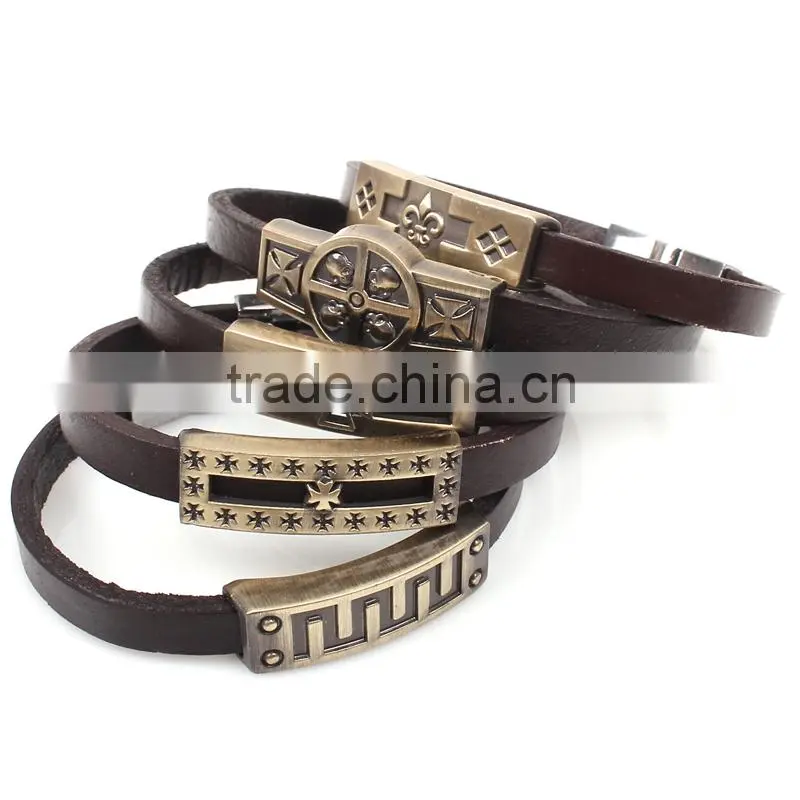 Zinc Alloy High Quality Bronze Cross Pendant Cheap Leather Bracelet