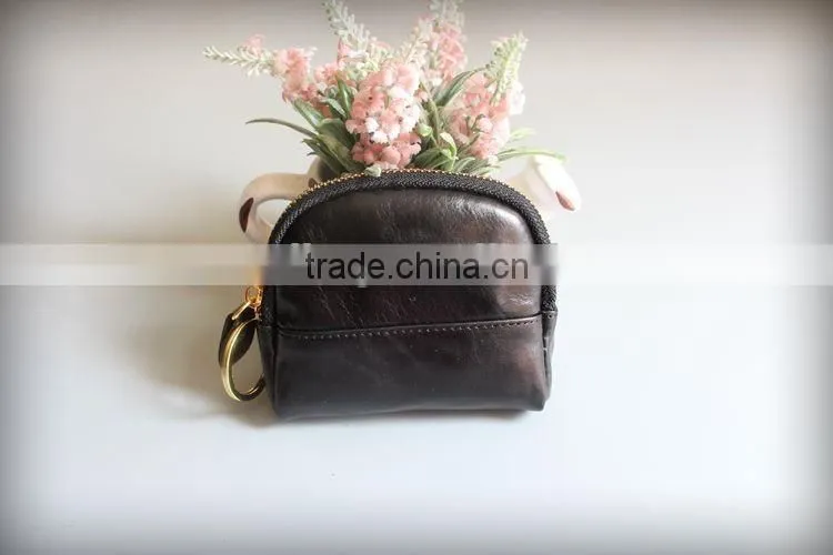 Colorful Genuine Waxy Leather Ladies Zipper Coin Purse Change Bag with keyring