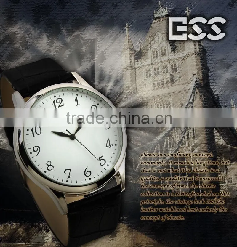 Men's Classic Black Leather White Quartz Man ESS Branded Watch WM265-ESS
