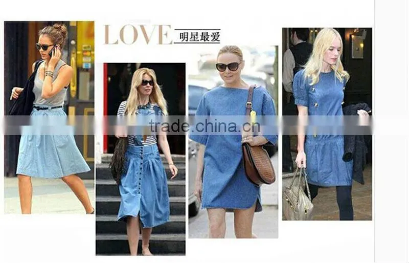 2015 New arrival Latest half sleeve denim woman dress blue denim woman dress