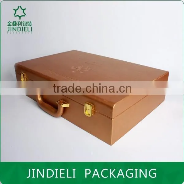 High-end brown wooden cosmetic box with leather handle