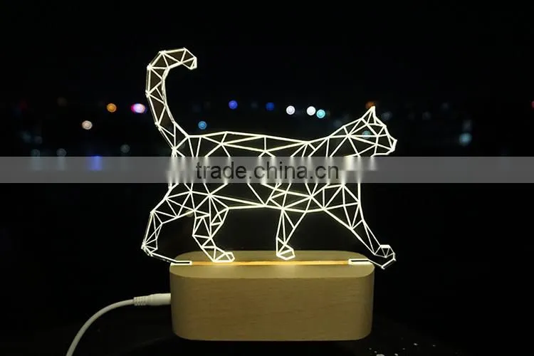 Walking Cat 3D Led Table Lamp with Solid Wooden Base