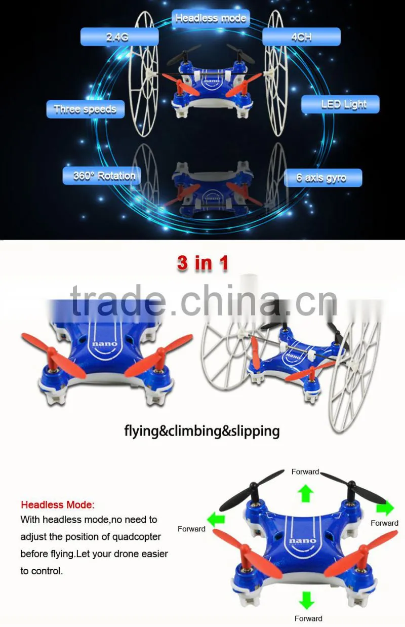 Flying/climbing/slipping 3 IN 1 2.4G rc micro quadcopter with headless mode