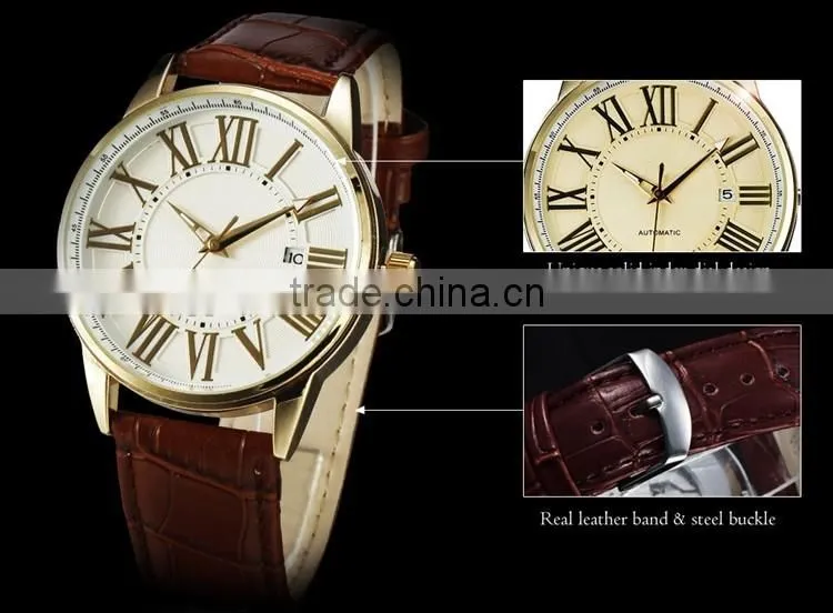 Imperial Big Roman Number Date Analog Leather Mechanical Watch for old people