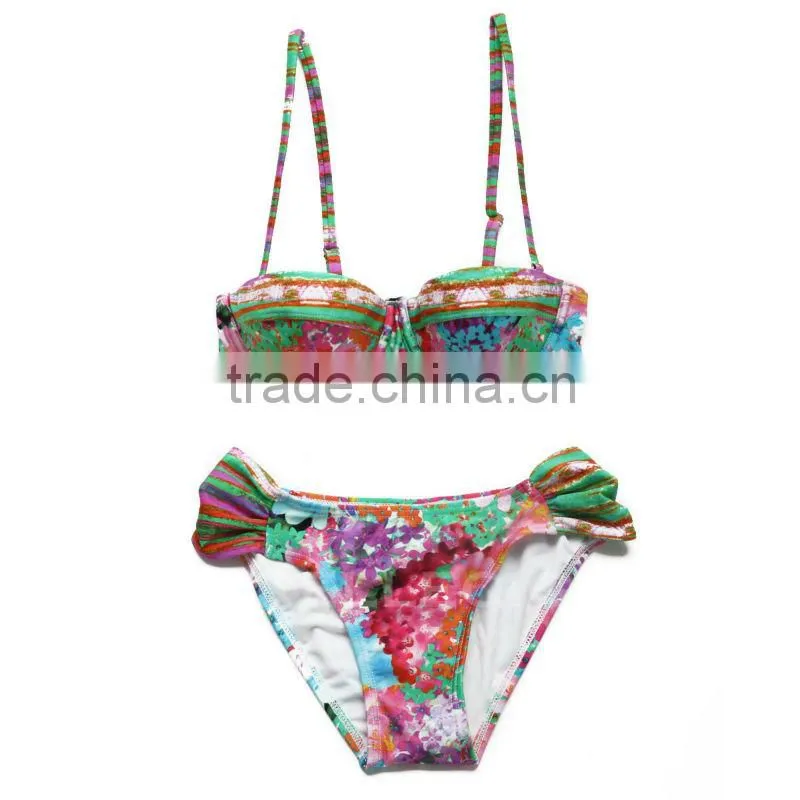 RELLECIGA Digital Floral Print Bikini Series - Longline Bandeau Top & Sexy Side Ruching Bottom Bikini Swimwear
