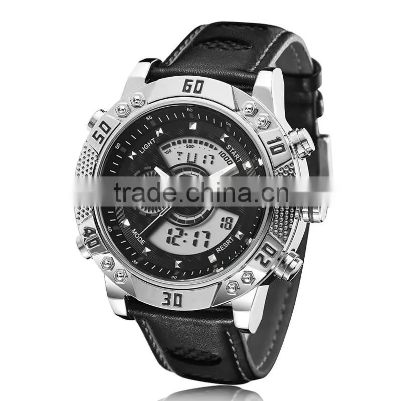 WJ-5446 genuine leather strap IP plating high quality double show Ohsen waterproof men sport watch