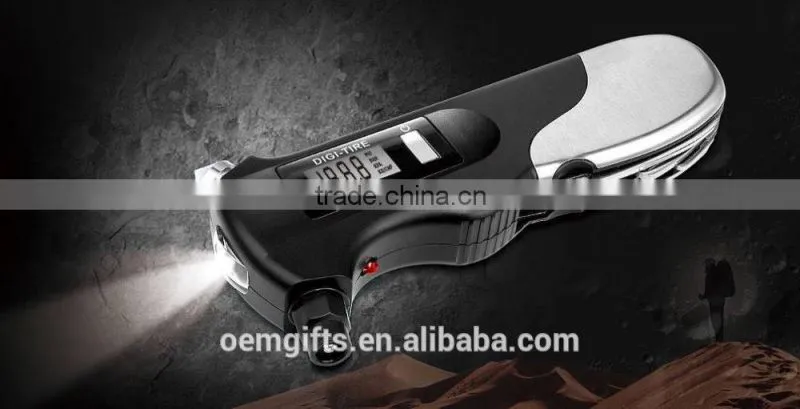 Multifunction LED Flashlihght Digital LCD Tire Gauge Car Tire Pressure Gauge With Emergency Tool