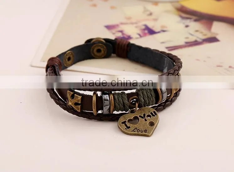 snap heart boys imitation leather bracelet factory