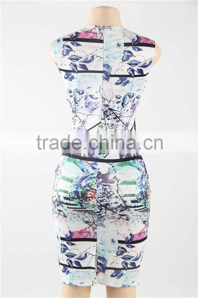 Ready stocklot floral print knee length fashion women hot sale bodycon midi dress