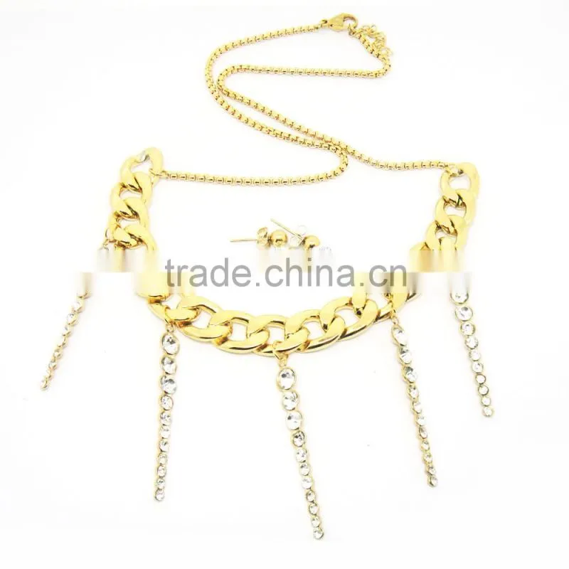 Attractive Women Gold Chain with Long Rhinestone Tassel Necklace