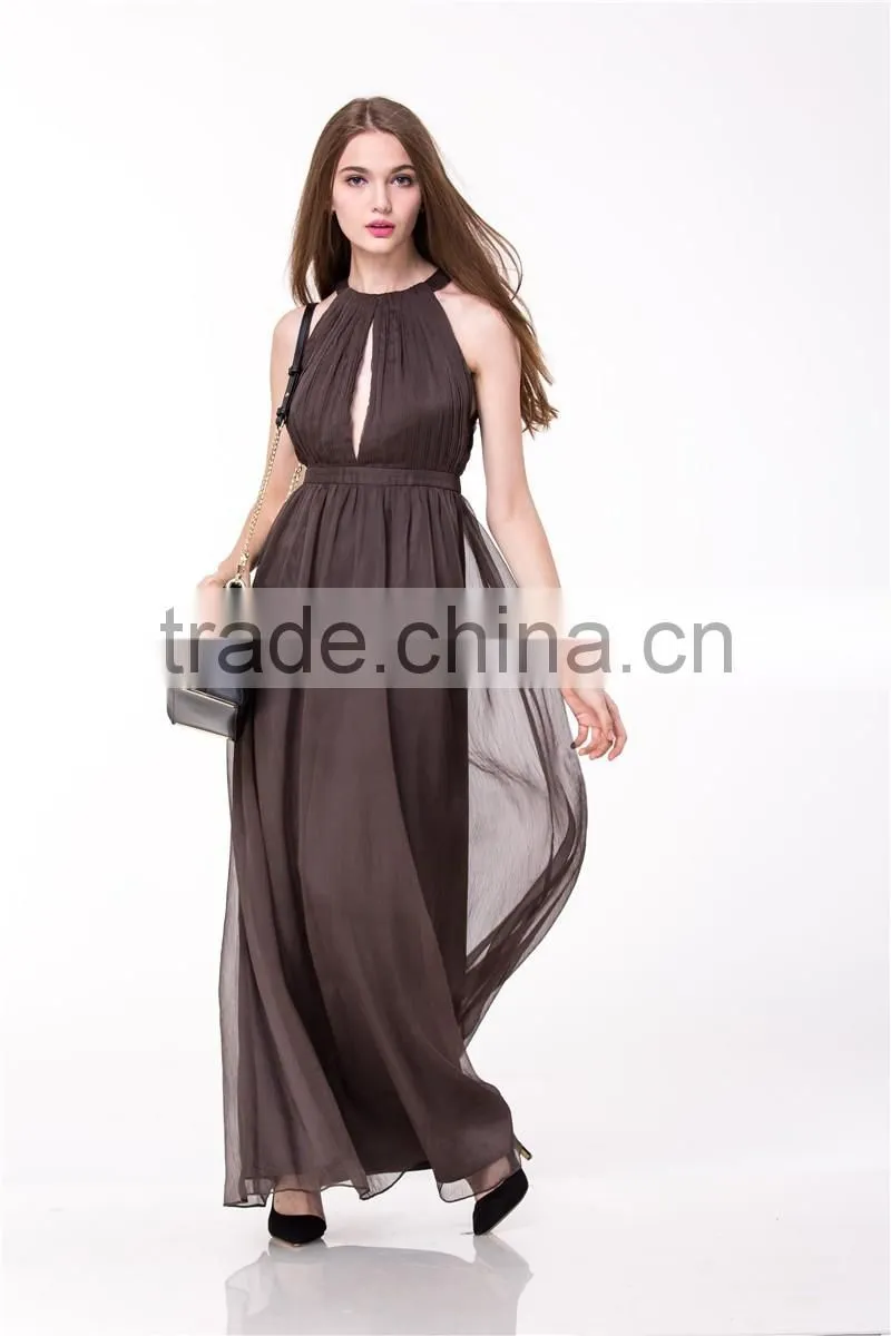 2017 New Arrival Sexy Women Dress Halter Plunge Neck Pleated Bodice Wholesale Maxi dress Long Evening dress