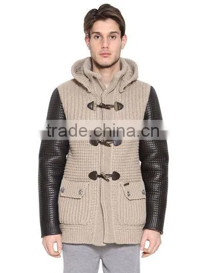 Men Hoodie knitted Cardigan Leather Sleeve wool Sweater Coat