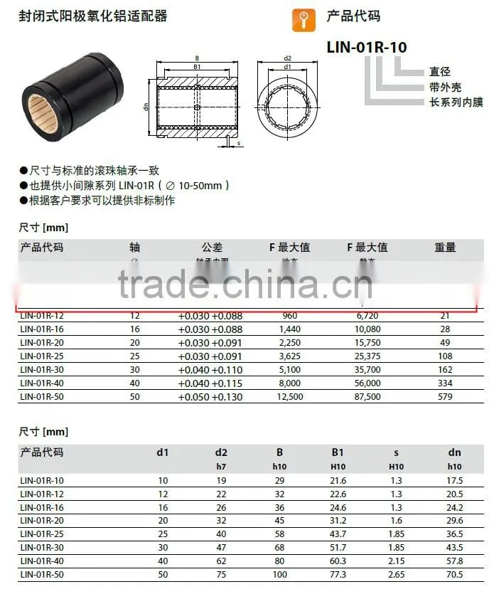 50mm shaft plastic linear bearings LIN-01RK-50