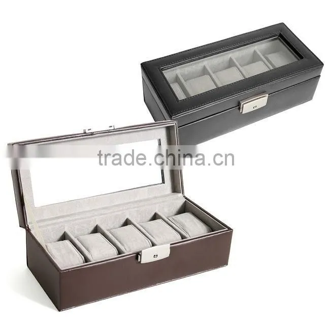 Black Genuine Leather 5-slot Watch Display Box Watch Organizer Case Travel Jewelry Case