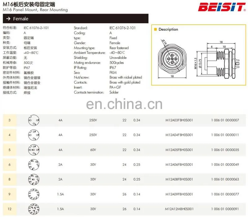 Electrical Cable Connectors 3 4 5 6 8 9 12 pins IP67 Female For Robot M12 Waterproof