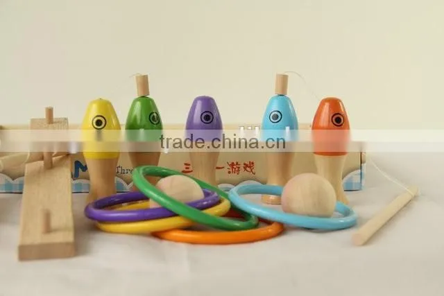 New fashion three in one wooden toy ring toss bowling fishing game