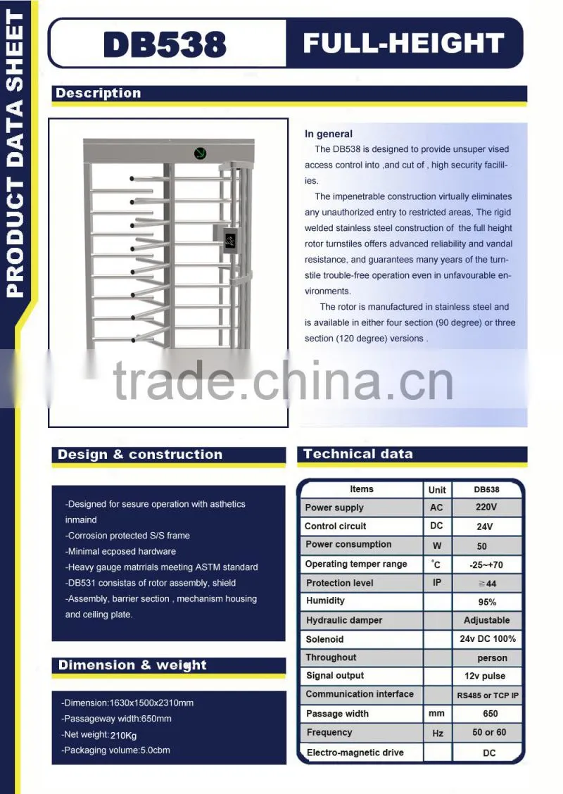 Vertical Access Control Electronic Barrier Gate Mechanism Full Height Turnstile Competitive Price
