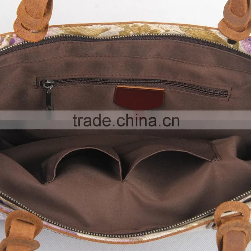 Heavy washed canvas leather flower printing shopping bag ladies canvas bag tote bag