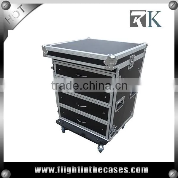 3/8" Plywood 4 Drawer Flight Case in Red Color, with Side Desk and Wheels